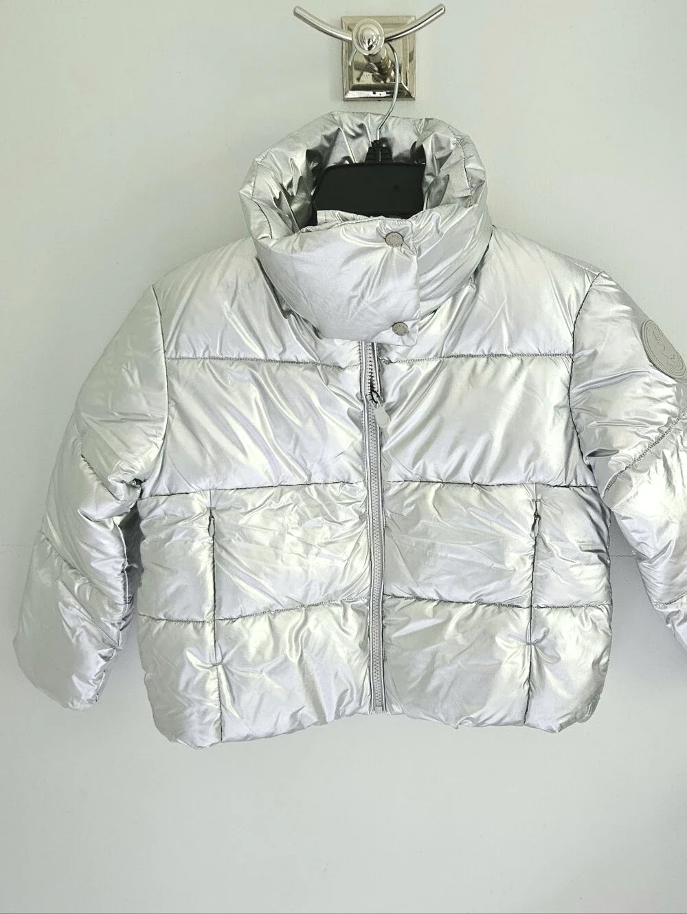 Save The Duck Silver Metallic Puffer Coat Funnel Neck NWT